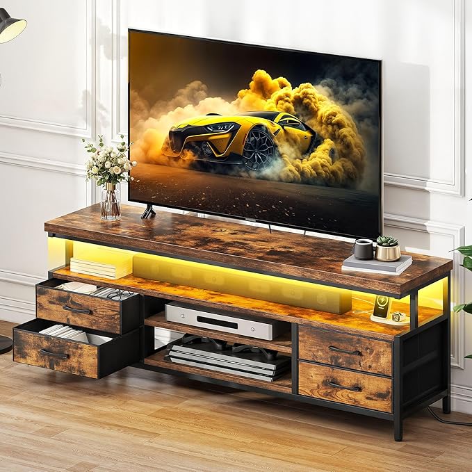 YITAHOME TV Stands for Living Room, 70 inch TV Stand, Entertainment Center with Storage & Power Outlets, LED TV Stand, TV Console Cabinet, Rustic Brown
