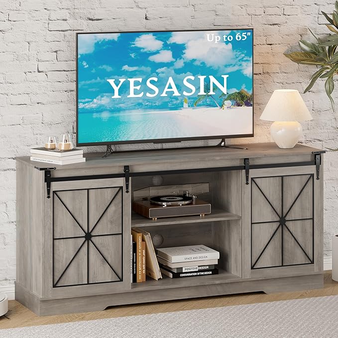 Farmhouse TV Stand for 55 60 65 Inch TV, Mid Century Modern TV Cabinet with Storage and Sliding Barn Doors, Easy Assembly, Entertainment Center Console Table for Bedroom Living Room -Wood Gray