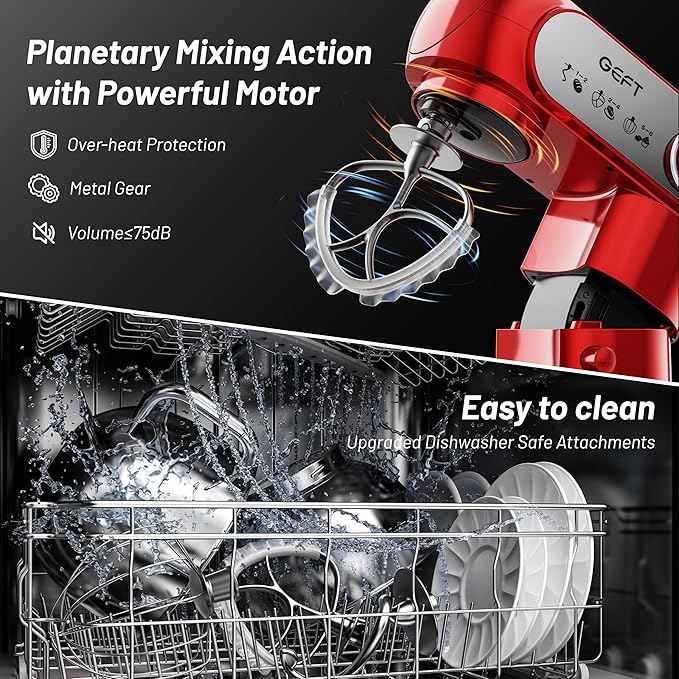 Stand Mixer, 3.5QT+6QT Two Bowls Kitchen Electric Mixer, 600W 6+P speed Tilt-Head Food Mixer with Stainless Steel Bowl, Dishwasher-Safe Dough Hook, Flat Beater, Wire Whisk, Splash Guard, Red