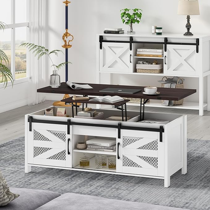 47.2" Lift Top Coffee Table, 4 in 1 Farmhouse Coffee Table with Storage and Sliding Barn Doors, Coffee Tables for Living Room & Dining Room (Milky White)