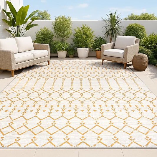JONATHAN Y Moroccan Geometric Indoor Outdoor Area Rug 8X10 Cream/Orange, Ourika Textured Weave for Backyard, Patio, Porch, Easy-Cleaning, High Traffic, Pet-Friendly, Non-Shedding (SMB108O-8)