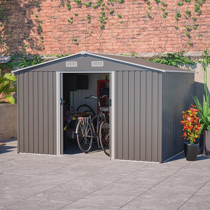 Storage Shed 10x8 FT Outdoor Metal Garden Shed with Lockable Sliding Door and Air Vents Galvanized Steel Shed with Air Vents Waterproof Roof Ideal for Backyard Patio Lawn Dark Gray