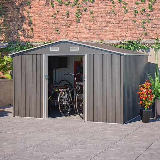 Storage Shed 10x8 FT Outdoor Metal Garden Shed with Lockable Sliding Door and Air Vents Galvanized Steel Shed with Air Vents Waterproof Roof Ideal for Backyard Patio Lawn Dark Gray