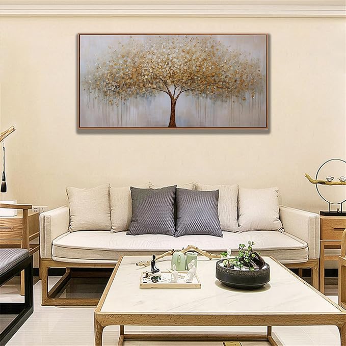Abstract Wall Art Gold Tree of Life Framed Artwork Canvas Painting Textured Tree Pictures Wall Decor for Living Room Bedroom Dining Room Home Office Decor 20"x40" with Framed