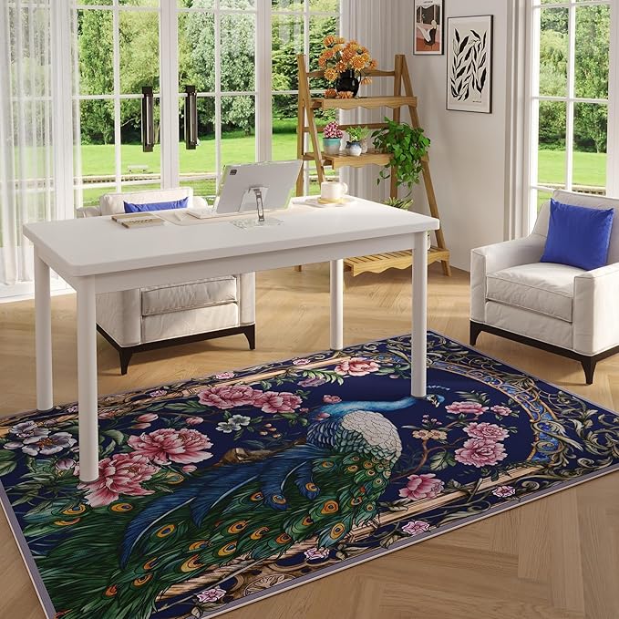 Living Room Rug 5x7 Rug Machine Washable Floral Peacock Area Rug Non Slip Floral Animal Vintage Low Pile Large Rug for Living Room, Bedroom, Farmhouse, Dining Room, Kids Playroom (Cobalt blue)