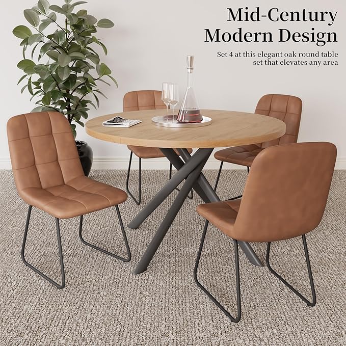 45.3 Inch Round Dining Table Set for 4, Mid Century Modern Small Kitchen Coffee Set for Dining Room Kitchen Apartment (Oak Table + 4 U-Shaped Brown Chairs)