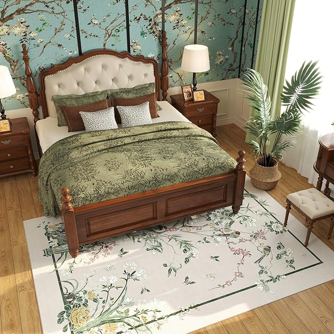 5x7 Area Rugs Chinoiserie-Style Floral Vintage Large Washable Rug Non Slip Low Pile for Living Room, Bedroom, Farmhouse, Dining Room, Kids Playroom, Beige