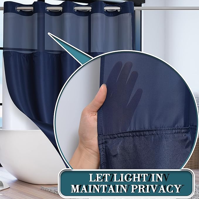 Conbo Mio No Hook Shower Curtain with Snap in Liner Set, Hotel Luxury Dark Blue Fabric Shower Curtains for Bathroom with See Through Top Window, Washable, Waterproof 71W x 74H