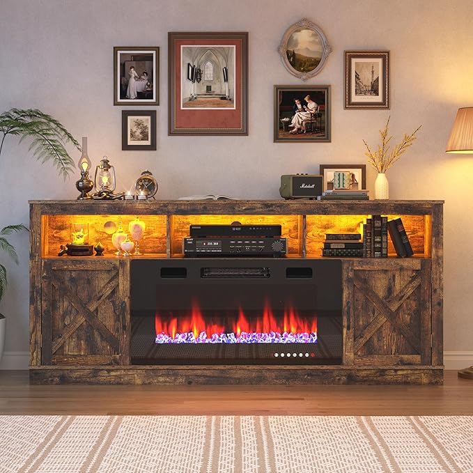 Farmhouse TV Stand with 36" Fireplace for 80" TV, 70" Entertainment Center with Barn Doors and LED Light, Tall Fireplace TV Stands for Living Room, Rustic Brown