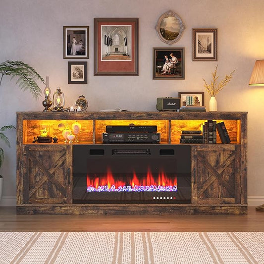 Farmhouse TV Stand with 36" Fireplace for 80" TV, 70" Entertainment Center with Barn Doors and LED Light, Tall Fireplace TV Stands for Living Room, Rustic Brown