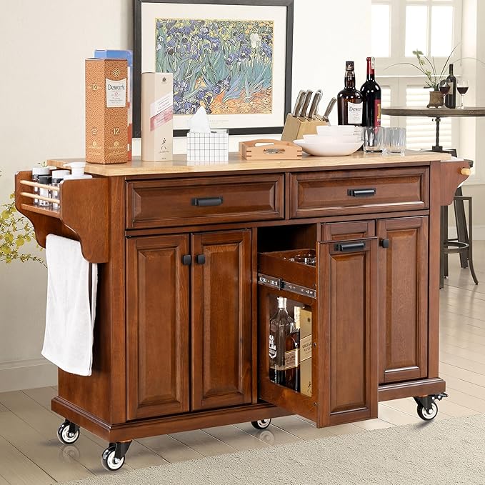 Rolling Solid Wood Kitchen Island with Rubberwood Top, 3 Drawers, 2 Cabinets, Adjustable Shelves, Spice Rack & Locking Wheels – Farmhouse Mahogany Painted Finish