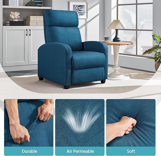 Yaheetech Fabric Recliner Sofa Modern Single Recliner Sofa Home Theater Seating with Thick Seat Cushion, Backrest and Pocket Spring, Blue