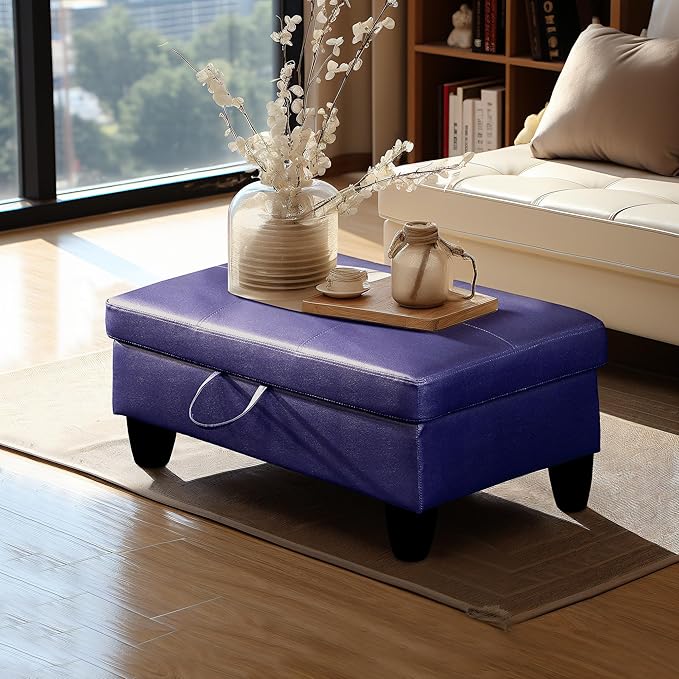 Ottoman Rectangular Storage Ottoman Bench, Faux Leather Footrest, Coffee Table, Stool Footstool with Hinged Lid for Living Room, Bedroom, Entryway, Blue, 28.5"x19"x17.5"
