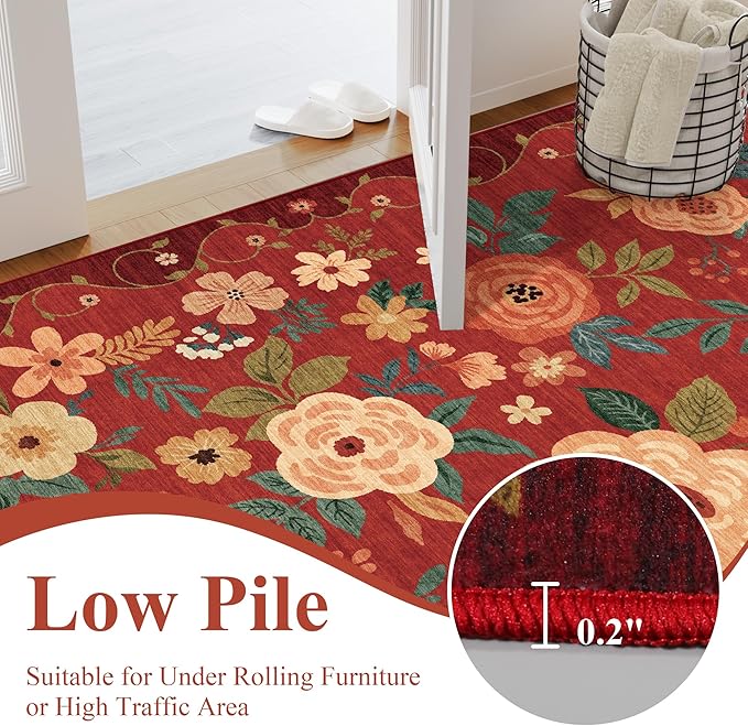DUKINO 3x5 Area Rug, Floral Rugs for Living Room, Lightweight Non Slip Washable Rug, Indoor Low Pile & Non-Shedding Boho Design Rugs for Bedroom, Living Room, Dining Room, Red