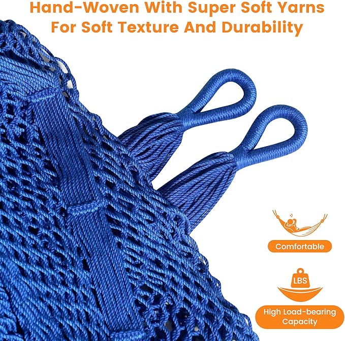 Lazy Daze Hammocks Handwoven Mayan Hammock, 10.5 FT Soft Rope Double Hammocks, Portable Outdoor Hammock with Carry Bag, 2 Straps & carabiners for Patio Outside, 550 lbs Weight Capacity, Blue