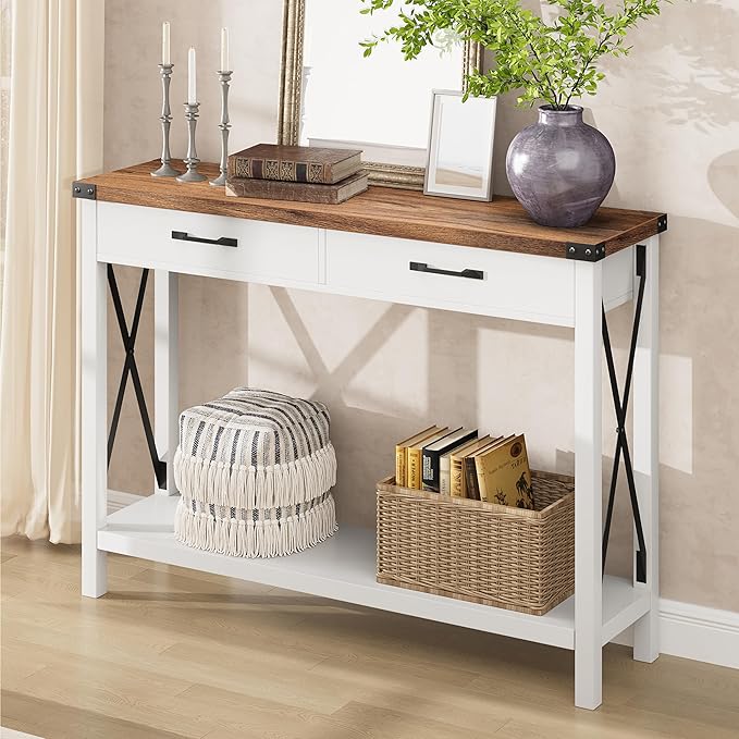 43” Entryway Table with Drawers, Narrow Console Sofa Table with Storage & Shelves, Farmhouse Entryway Console Table for Hallway, Living Room - White