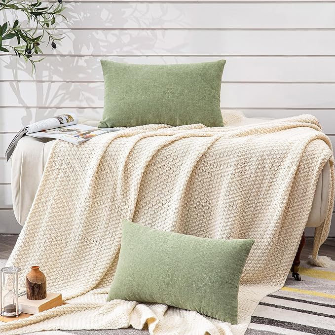 GAWAMAY Lumbar Decorative Rectangle Throw Pillow Covers 12"x20" Inch Set of 2, Super Soft Chenille Throw Pillowcase for Sofa Living Room Bedroom Couch Cushion Cover Sage Green 30x50cm (ONLY Covers)