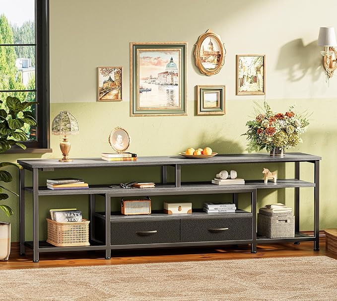 Huuger TV Stand for 65 70 Inch TV, Entertainment Center with Power Outlets and LED Lights, TV Console for Living Room, Media Console with Drawers and Shelves, Grey