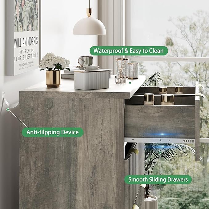 Fluted Dresser for Bedroom with 6 Drawers, 46" Tall Modern Chest of Drawers with Metal Handle, Wooden Dresser TV Stand, Wood Closet Clothes Storage Organizer for Living Room, Hallway, Grey