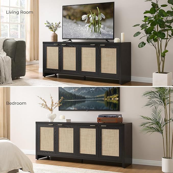 SICOTAS TV Stand for Living Room Boho Entertainment Center for Bedroom with 4 Rattan Cabinets Farmhouse Television Stands with Storage Large Media Console Table for TVs up to 45 50 55 60 65 Inch