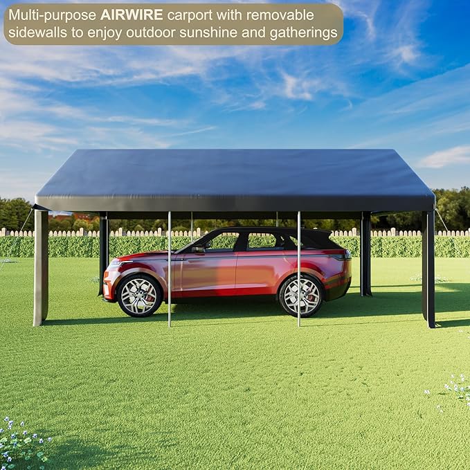 Carport 12' x 20' Heavy Duty Portable Garage, Carport Canopy with Side-Opening Door & Roll-Up Windows, Car Canopy Reinforced Four-Hole Base for Car, Truck, Boat, Party, Black