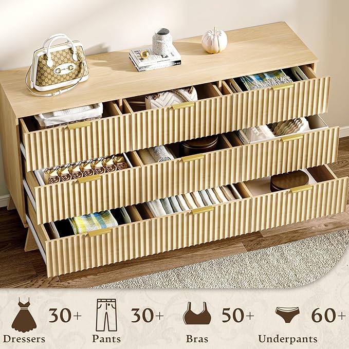 Fluted Dresser for Bedroom with 9 Drawers, 57" Mid Century Modern Dresser of Closet TV Stand, Nature Wood Dressers with Gold Handle, Boho Closet Wide Modern Chest of Drawers, Natural