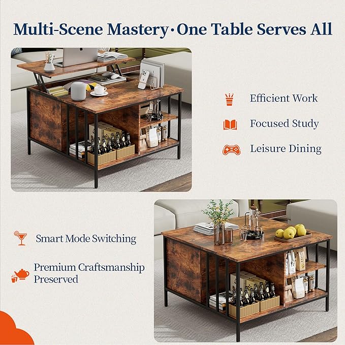 Lift Top Coffee Table with Storage,Square Coffee Tables with Hidden Compartment,Farmhouse Rustic Lift Tabletop Pottery Barn Coffee Table with Opening Drawers for Living Room,Assemble Required