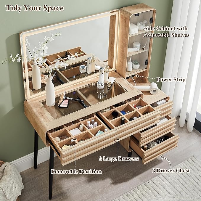 Fluted Makeup Vanity Desk with Large 35" HD Lighted Mirror, 48" Mid Century Modern Glass Top Vanity Table with 5 Drawers & Adjustable Shelf, Dressing Table w/Charging Station for Bedroom, Natural Oak