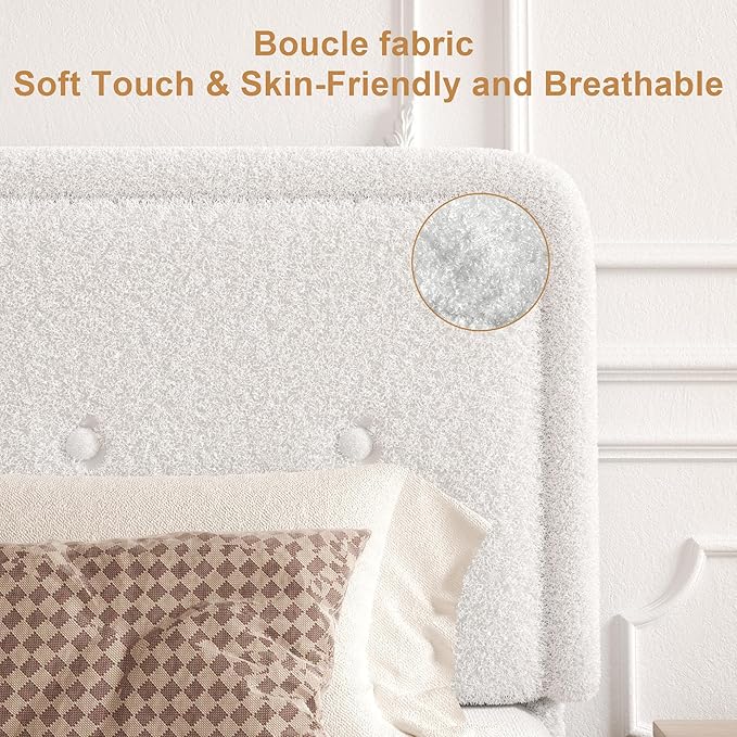 Full Size Boucle Platform Bed Frame, Anti-Collision Soft Rounded Corners, Adjustable Headboard, No Box Spring Needed, Easy Assembly, Noise Free, White