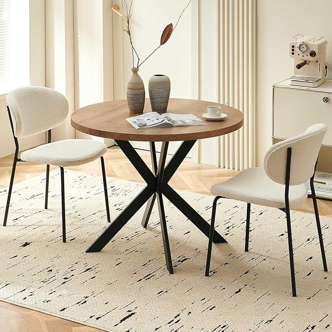Round Dining Table Set for 2, Modern 3-Piece Kitchen Dining Room Table Set, 37" Round MDF Living Coffee Table with 2 Seated Boucle Dining Chairs Upholstered, Metal Legs for Dining Hall