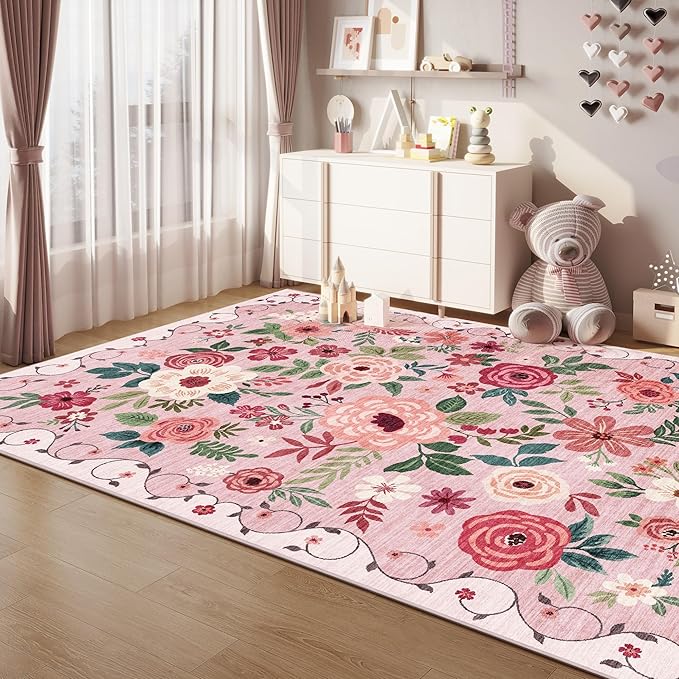 DUKINO 4x6 Area Rug, Floral Rugs for Living Room, Lightweight Non Slip Washable Rug, Indoor Low Pile & Non-Shedding Boho Design Rugs for Bedroom, Living Room, Dining Room, Pink