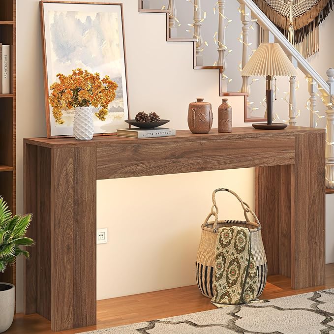 63-Inch Long Console Table with LED Light, Farmhouse Sofa Table Behind Couch, Wooden Console Table for Entryway, Hallway, Entrance, Living Room