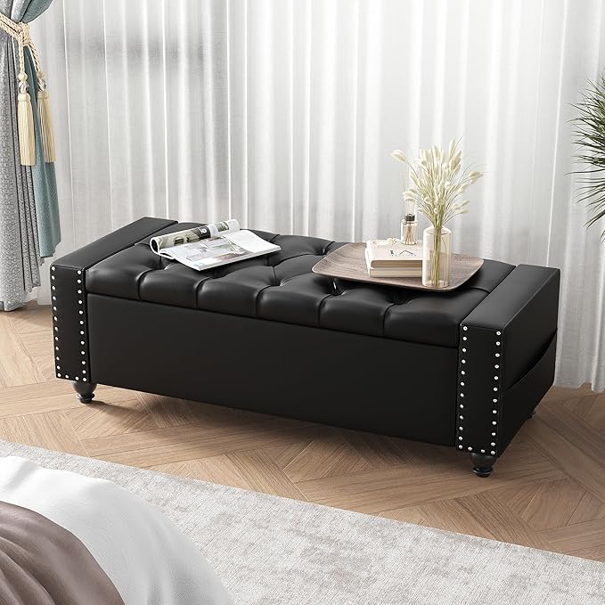 Maupvit Storage Ottoman Bench, 49 Inch Bedroom Bench, Upholstered Ottoman with Storage, Entryway Bench with Tufted Button, Faux Leather Window Bench for Bedroom, Living Room, Entryway, Hallway, Black