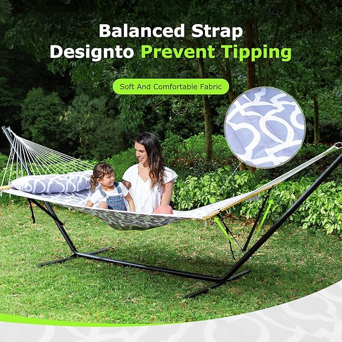 Double Hammock with Stand for Outdoor, Heavy Duty Portable Hammock with Adjustable Steel Stand for Patio, Garden, Beach, Backyard - Includes Carrying Bag,White Grey
