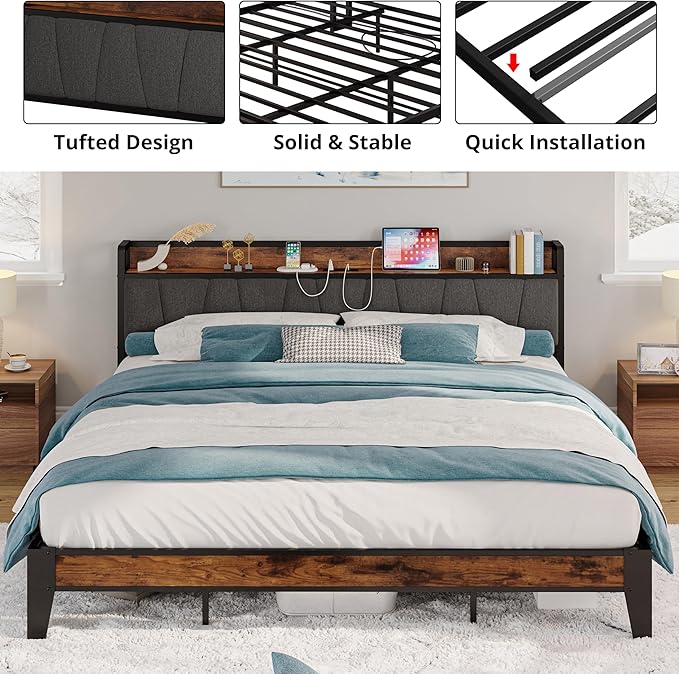 LIKIMIO California King Bed Frames, Storage Headboard with Charging Station, Solid and Stable, Noise Free, No Box Spring Needed, Easy Assembly