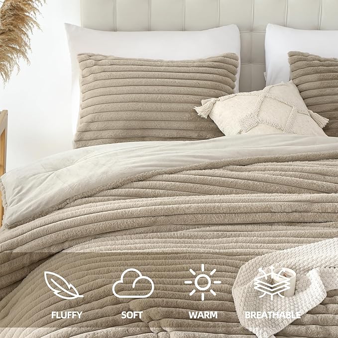 Smoofy Fluffy King Size Comforter Set 3 Pieces - Linen Fleece Fluffy Comforter Set, Luxury Fuzzy King Bedding Set, Soft King Bed Set All Season, Heavy Faux Fur Comforter with 2 Pillow Cases