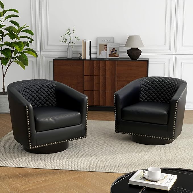 Swivel Barrel Accent Chair, Comfy Modern Upholstered Round Faux Leather Arm Chair for Living Room, Bedroom（Black, Set of 4
