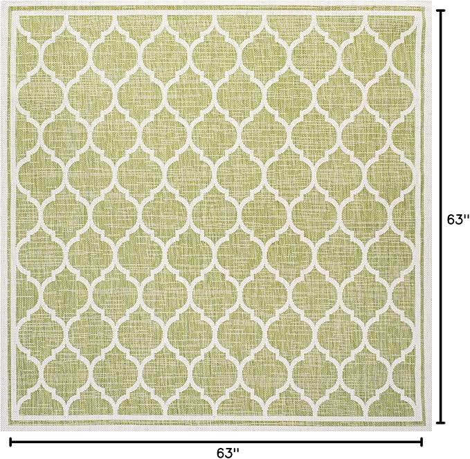 Eyely BMS109G-5SQ Santa Monica Trebol Moroccan Trellis Textured Weave Indoor/Outdoor Area Rug Coastal;Bohemian, Bedroom, Backyard, Patio, Easy-Cleaning, Non-Shedding, 5' Square, Green/Cream