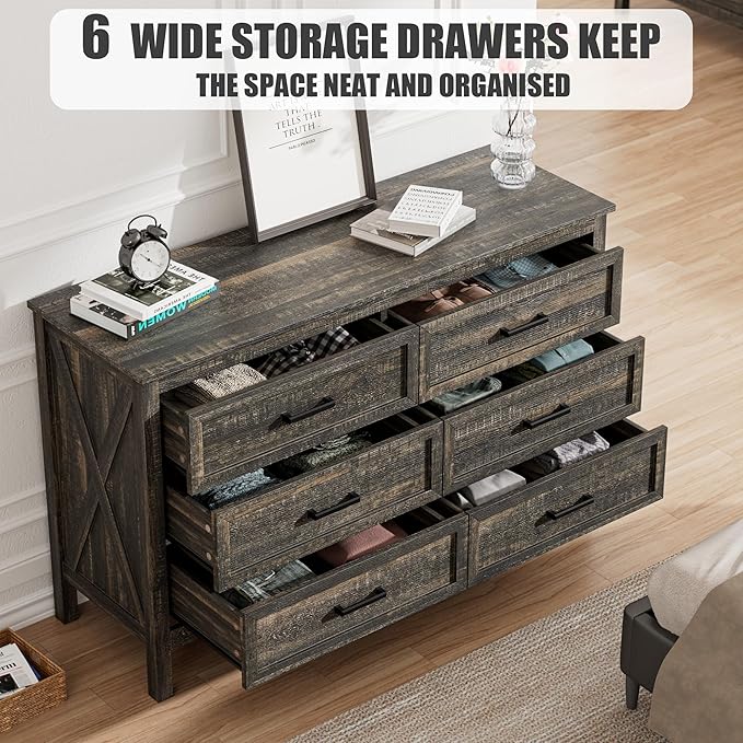 LYNSOM Farmhouse 6 Drawers Dresser for Bedroom, Wood Rustic Wide Chest of Drawers with Deep Drawers, Metal Handle, Storage Dressers Organizer for Living Room, Entryway, Dark Rustic Oak