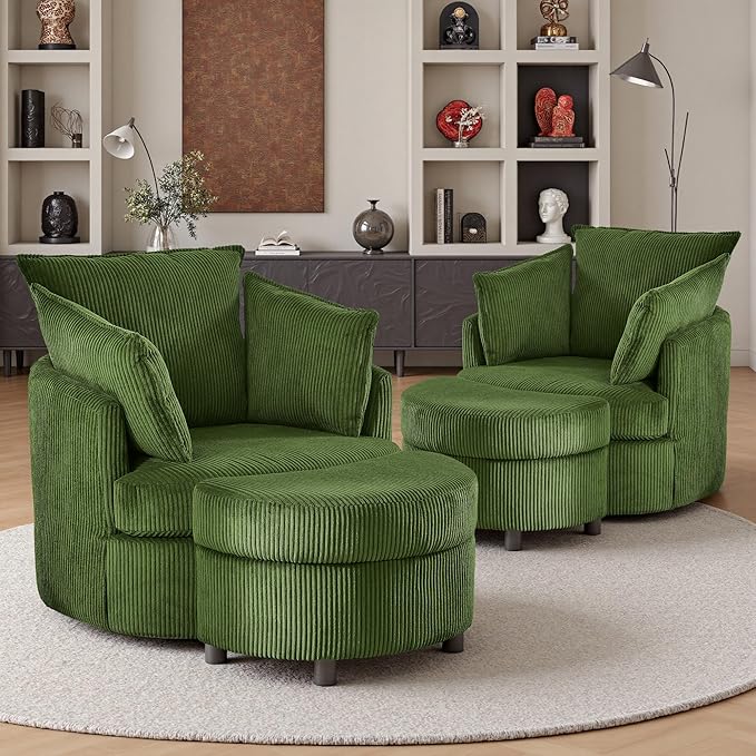 Swivel Accent Chair with Ottoman Comfy Reading Chairs for Bedroom Modern Corduroy Arm Chair 360°Swivel Barrel Chairs for Living Room,Apartment (Green, 2)