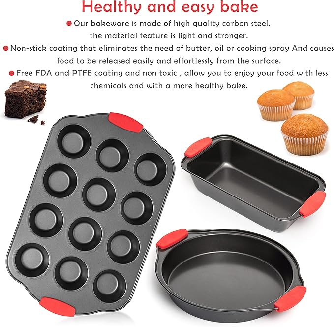 Moss & Stone 9 Piece Baking Pans Set Non Stick, Oven Safe Baking Sheet Set Carbon Steel Non-Stick PTFE Coating, Bakeware Set With Heat Red Silicone Handles, Black Baking Trays For Oven