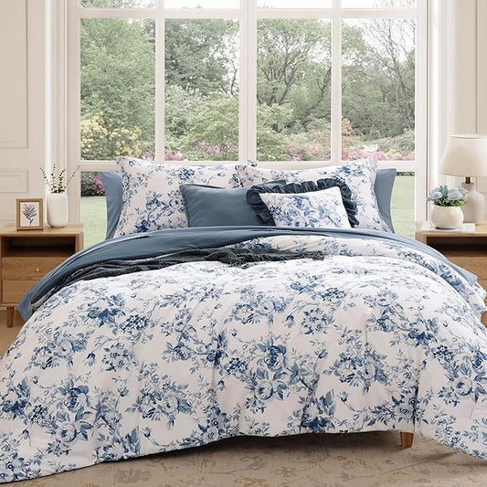 Queen Comforter Set -7 Pieces Floral Blue Comforter Set for All Seasons, Bed in a Bag Queen with Botanical Flowers Comforter, Sheets, Pillowcases & Shams