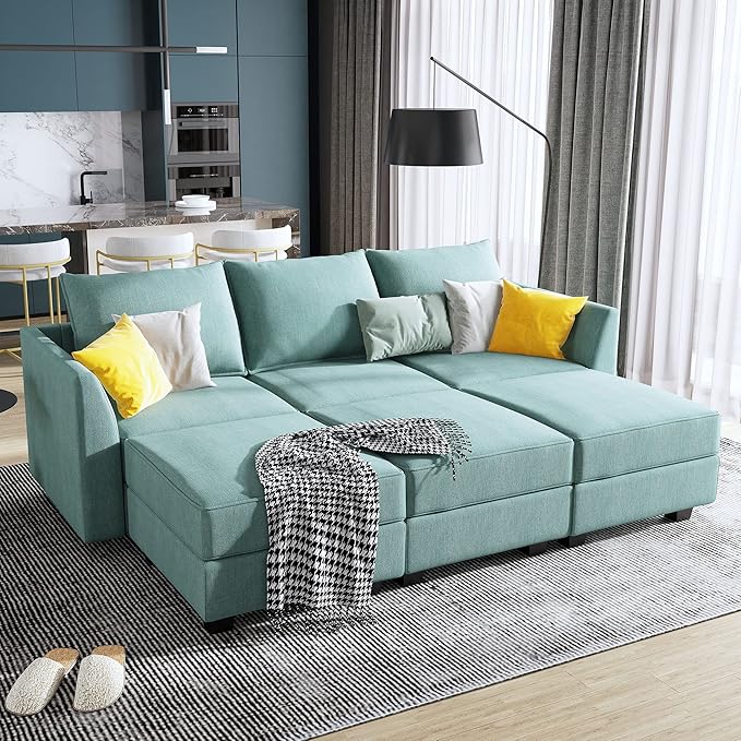 HONBAY Convertible Sectional Sleeper Sofa with Storage Seats Modern Modular Sofa Sectional Couch Modular Sleeper Couch with Ottomans, Aqua Blue