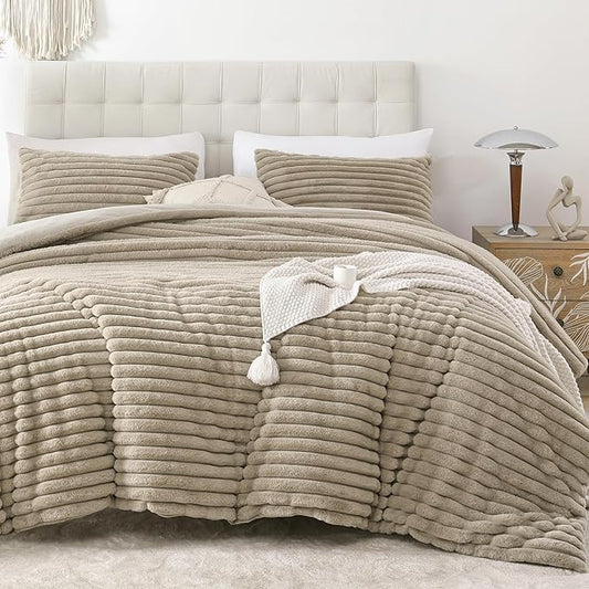 Smoofy Fluffy Queen Size Comforter Set 3 Pieces - Linen Fleece Fluffy Comforter Set, Luxury Fuzzy Queen Bedding Set, Soft Warm Queen Bed Set All Season, Heavy Faux Fur Comforter with 2 Pillow Cases