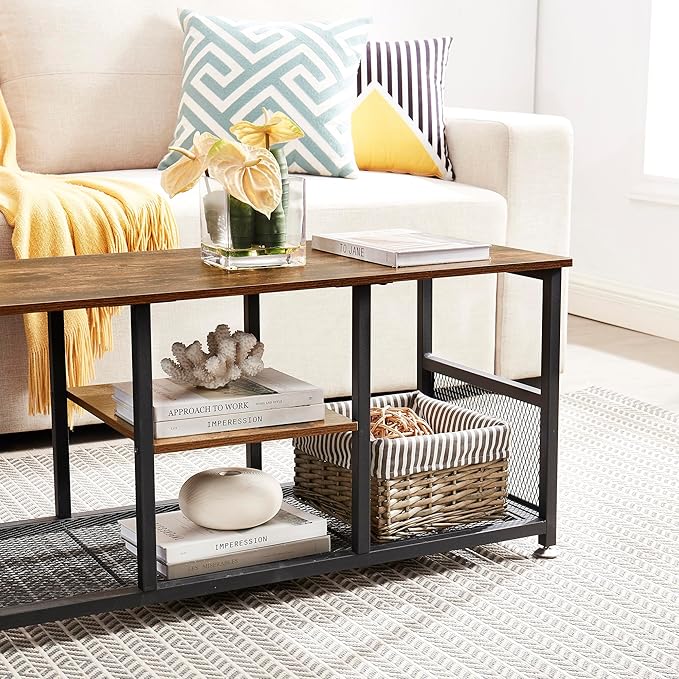 VECELO TV Stand Up to 50 Inches, 39 Inch Industrial Entertainment Center Media Console with Open Storage Shelves, Wooden Coffee Table with Metal Frame, Brown