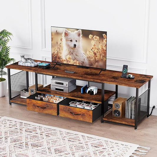 TV Stand with Drawers and Power Outlets for 75 70 65 Inch TV, Entertainment Center with Open Storage Shelves, Industrial Media TV Console Table for Living Room Bedroom Office, Rustic Brown