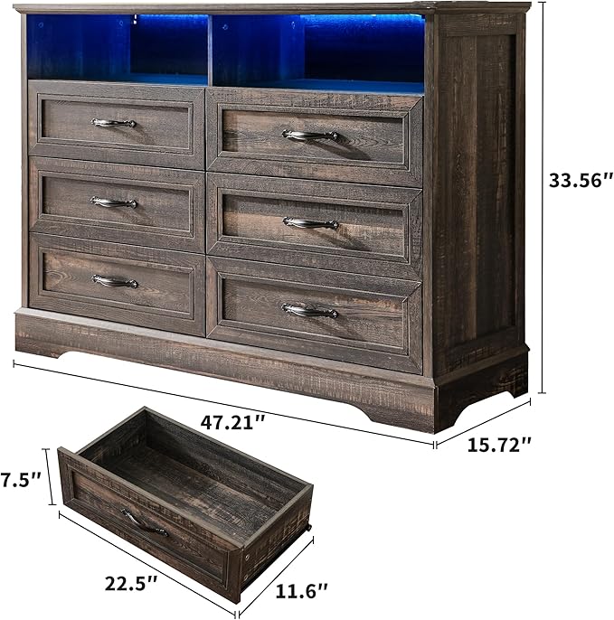 Dressers for Bedroom,6 Drawers Dresser with LED Light,Power Outlets and Open Shelves,Chests of Drawers for 65 inch TV, for Hallway, Entryway, Dark Rustic Oak
