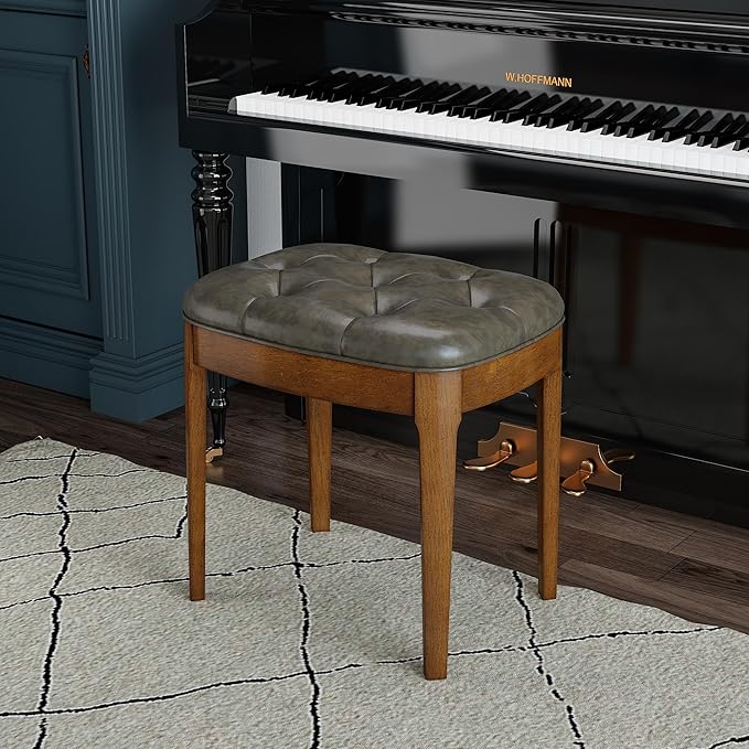 Solid Wood Button Tufted Vanity Stool, Ottoman with Wood Legs & Padded Seat PU Leather Upholstered Piano Bench with Non-Slip Foot Pads Accent Stool for Bedroom Entryway, Grey