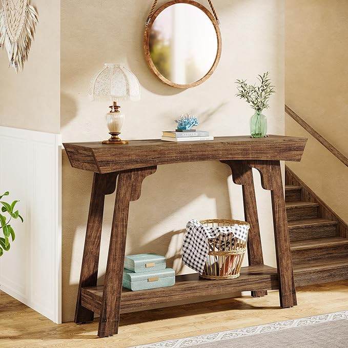 Tribesigns 41.3" Farmhouse Console Table, 2-Tier Small Entryway Table with Storage, Narrow Wooden Sofa Table Behind Couch for Living Room, Foyer, Hallway, Rustic Brown