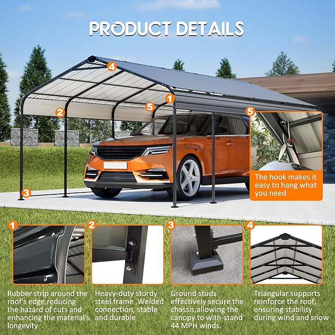 12X20 FT Metal Carport, Outdoor Car Shelter All Weather, Heavy Duty Outdoor Galvanized Car Shelter for Car Boat Truck and SUVs, Black